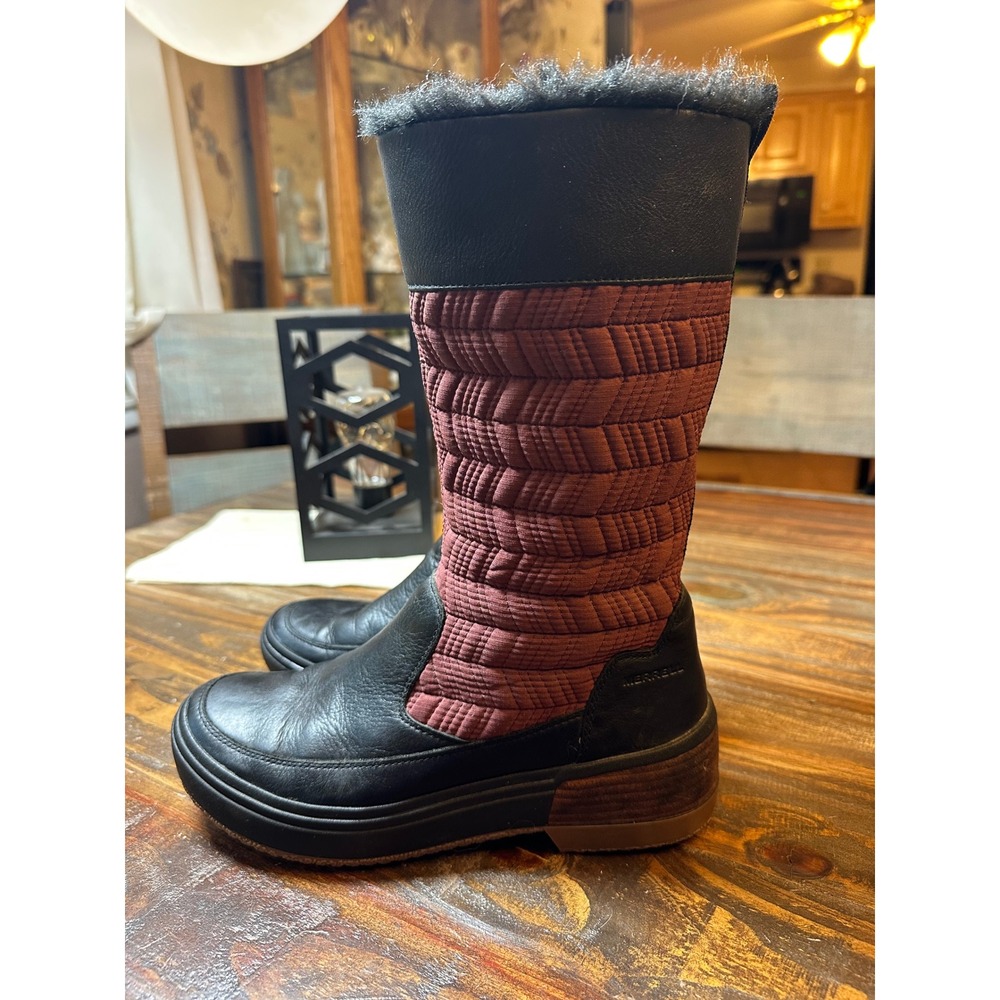 Merrell Tremblant Ezra Women Black Burgundy Leather Quilted Faux Fur Boots